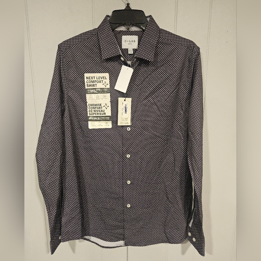 C-LAB Slim Fit Polka-dot 4Way Stretch Dress Shirt Black Medium 15-1/2 33/34 NWT